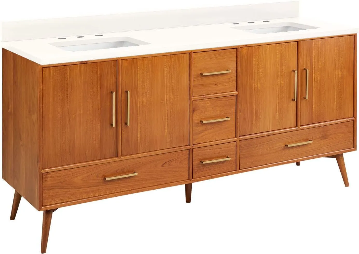 Signature Hardware 953363-72-RUMB-8 Novak 72" Freestanding Teak Double Basin Vanity Set with Cabinet, Vanity Top, and Rectangular Undermount Sinks - 8" Faucet Holes - Teak/Arctic White