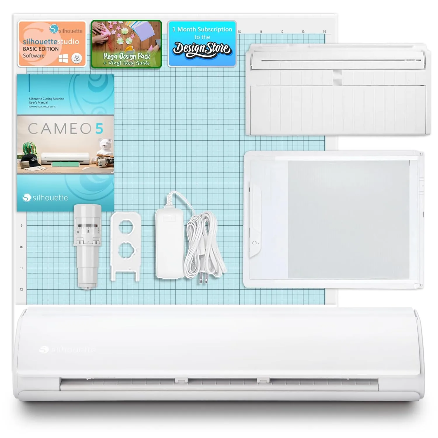 Silhouette Cameo 5 Plus 15in Vinyl Cutter Bundle with Electrostatic Grip Mat Atachment, Roll Feeder, Silhouette Software, Tools, Guides, Classes, Deisgns, and More