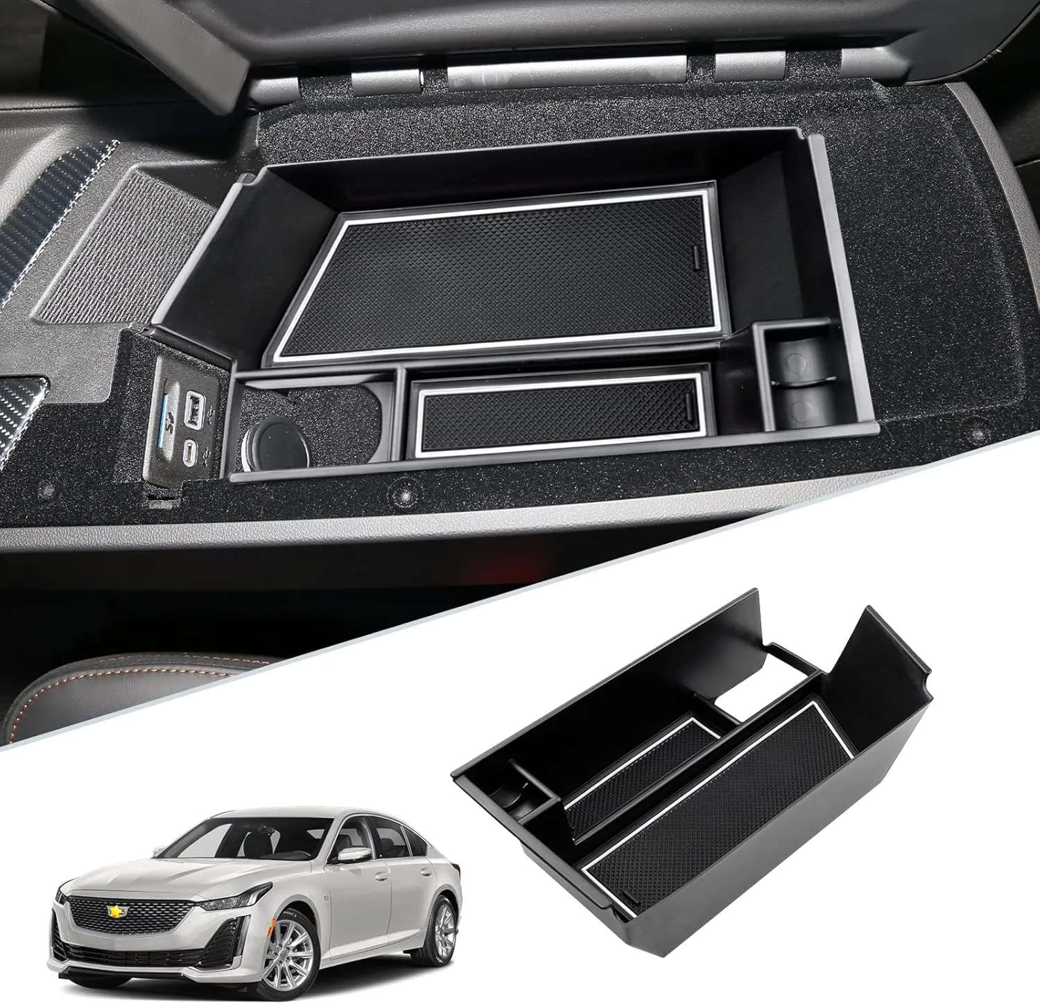 SKTU for 2023 2024 2025 Cadillac CT5 Center Console Organizer 2020 2021 2022 2023 2024 2025 CT5 Accessories Console Organizer 2024 2025 CT5 Armrest Box Secondary Storage Box with Coin Holder