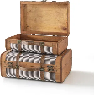 SLPR Wooden Striped Vintage Suitcases - Set of 2, Retro Luggage Décor, Antique Decorative Storage Chests with Lids, Old Style Wood Travel Trunks for Home Décor