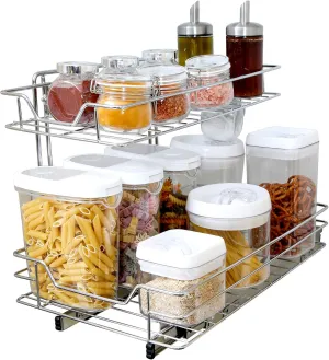 Smart Design Pull-Out Cabinet Organizer – 2-Tier Chrome, Small Top, Medium Bottom – Steel Sliding Cabinet Organizer Holds Up To 100 lbs. for Optimal Home Organization and Storage