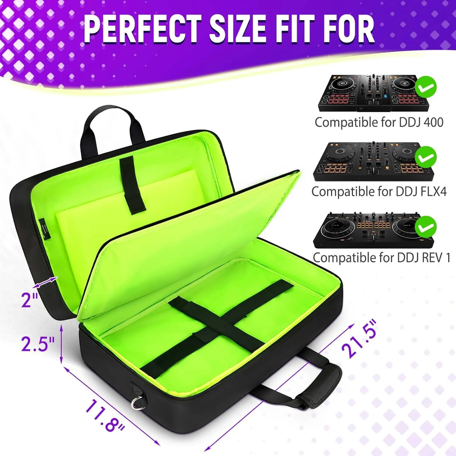SNIGJAT DJ Controller Case for DDJ-FLX4/ DJ 400/ DDJ-REV1, Padded DJ Controller Bag with 5 Pockets for Laptop, Cables, DJ Carrying Case with Adjustable Shoulder Strap, 21.5"x11.8"x2.5", All Black