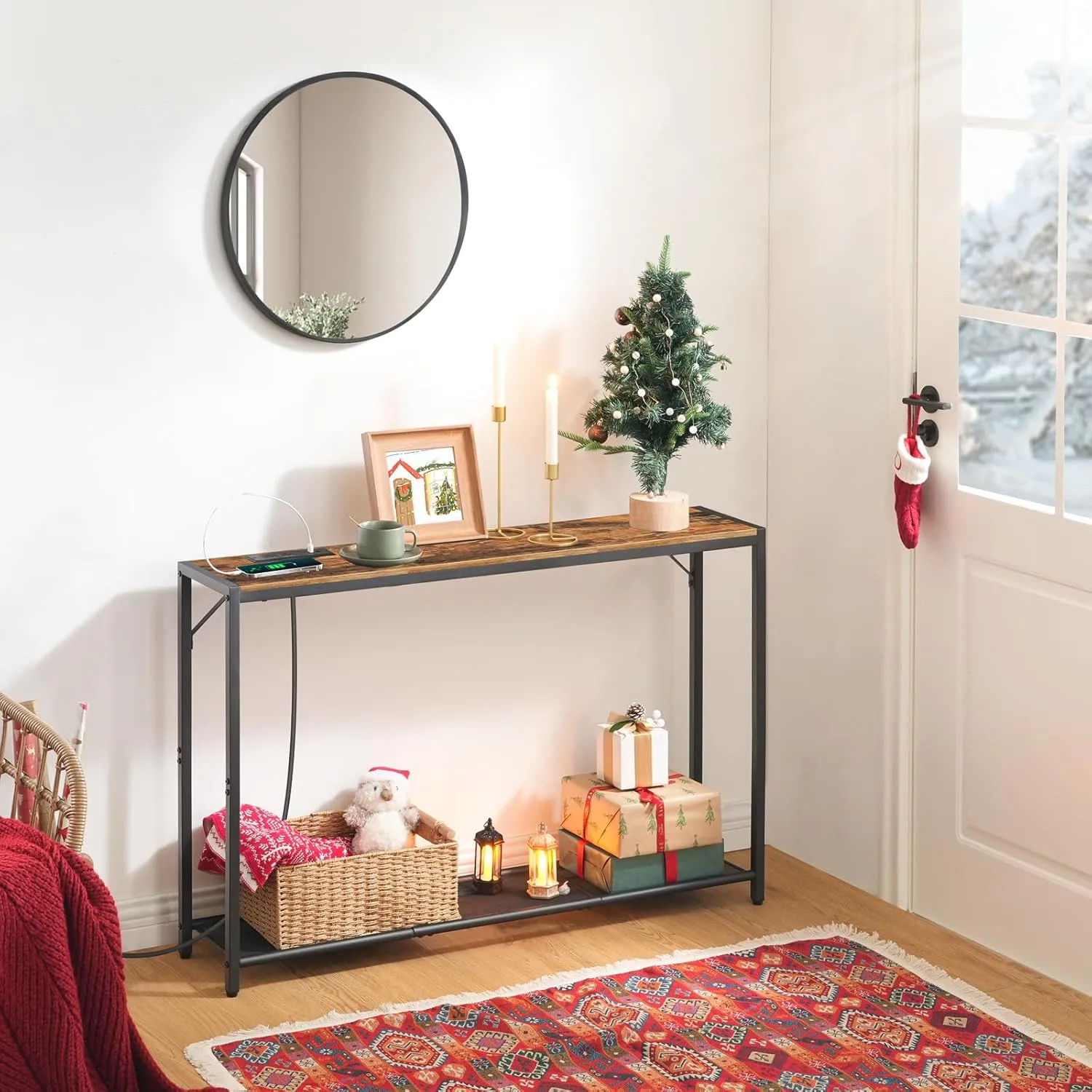 Sofa Table with Power Outlet, 43.7" Console Table with USB Ports, Behind Couch Table, Entryway Table for Living Room, Hallway, Foyer, Metal Frame, Adjustable Feet, Rustic Brown CTHR11E01Z1