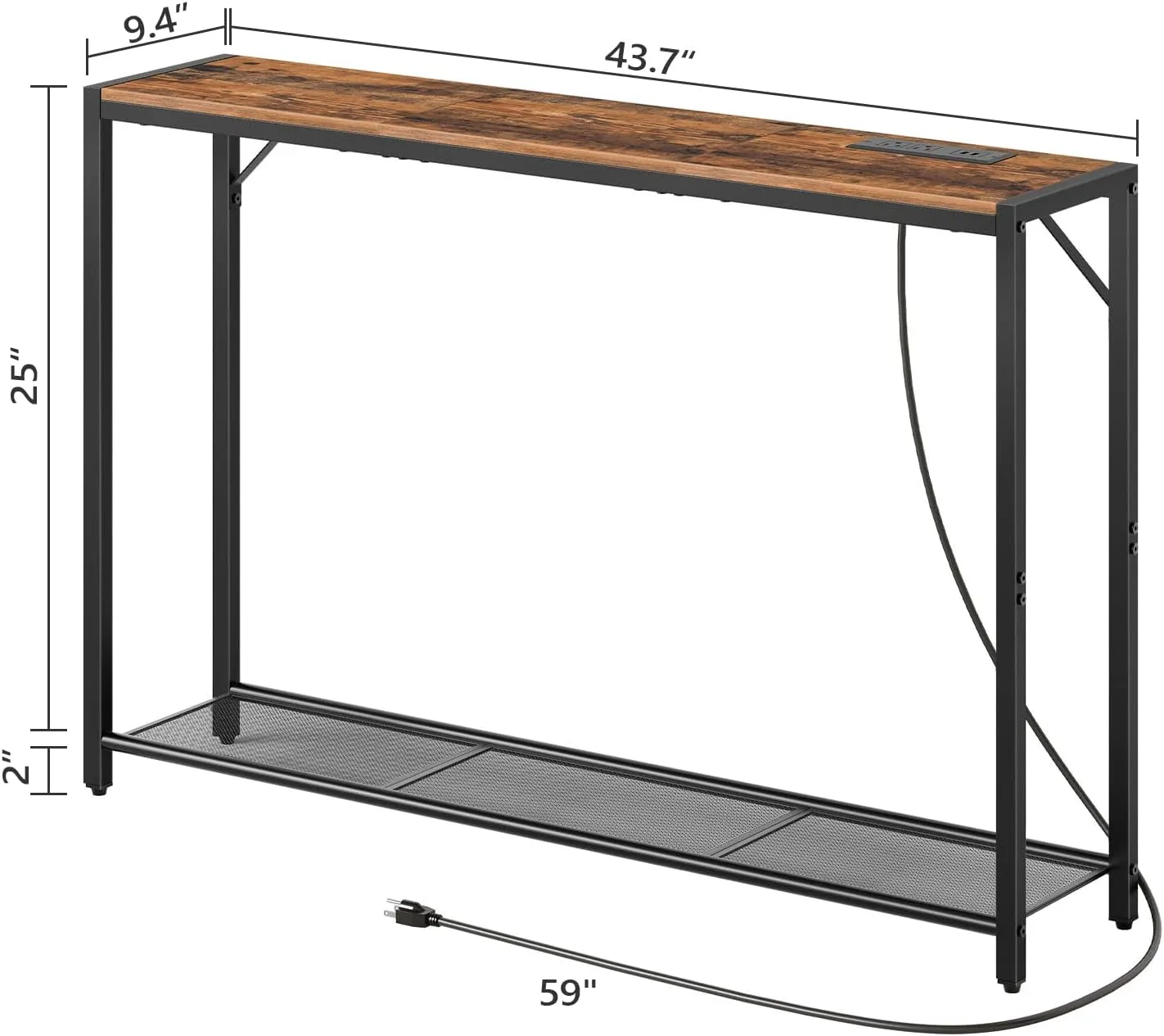 Sofa Table with Power Outlet, 43.7" Console Table with USB Ports, Behind Couch Table, Entryway Table for Living Room, Hallway, Foyer, Metal Frame, Adjustable Feet, Rustic Brown CTHR11E01Z1