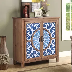 Sophia & William 2-Door Accent Cabinet, Distressed Decorative Storage Cabinet with Wood Frame and Blue and White Floral Pattern for Entryway Hallway Lvinig Room