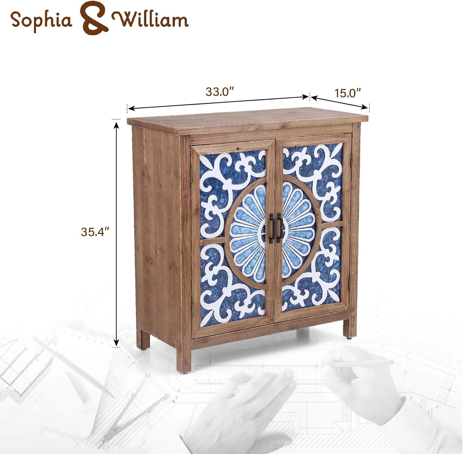 Sophia & William 2-Door Accent Cabinet, Distressed Decorative Storage Cabinet with Wood Frame and Blue and White Floral Pattern for Entryway Hallway Lvinig Room