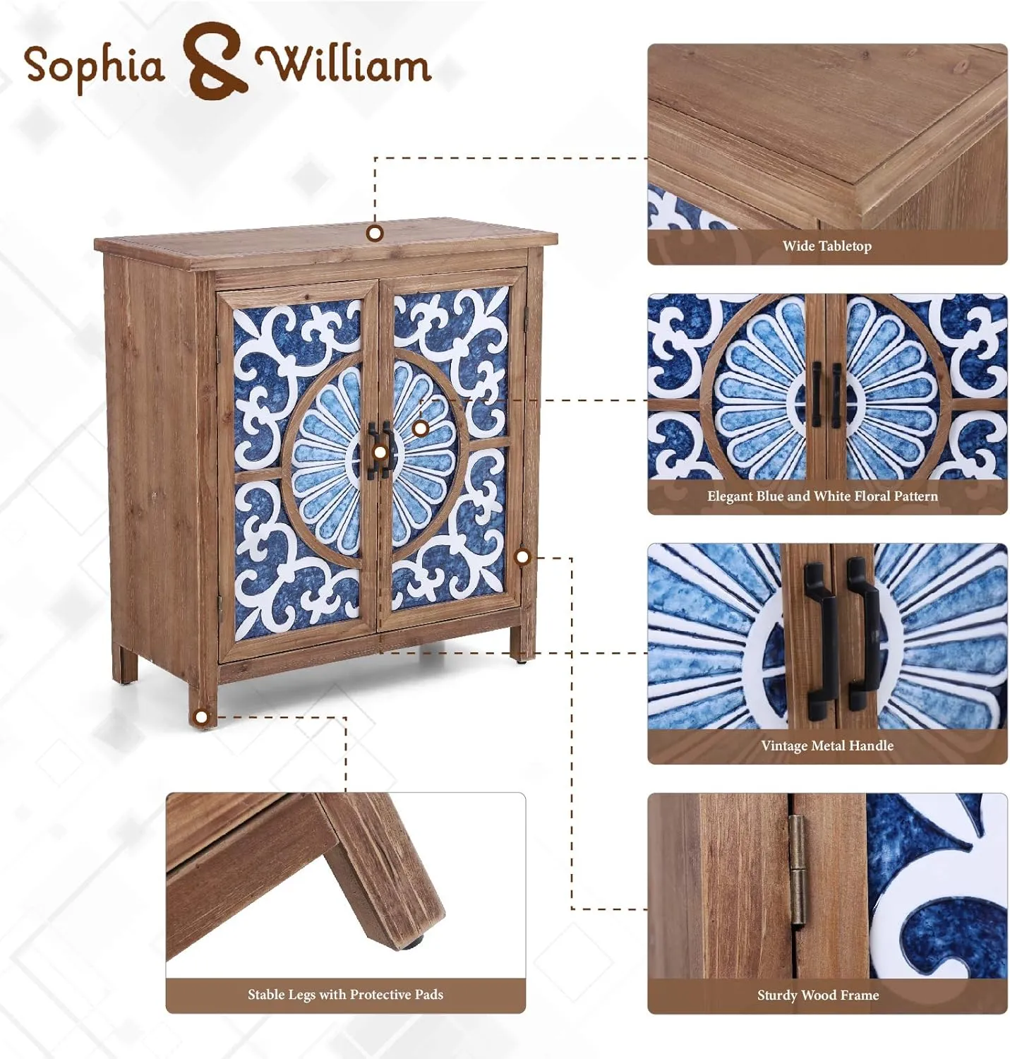 Sophia & William 2-Door Accent Cabinet, Distressed Decorative Storage Cabinet with Wood Frame and Blue and White Floral Pattern for Entryway Hallway Lvinig Room