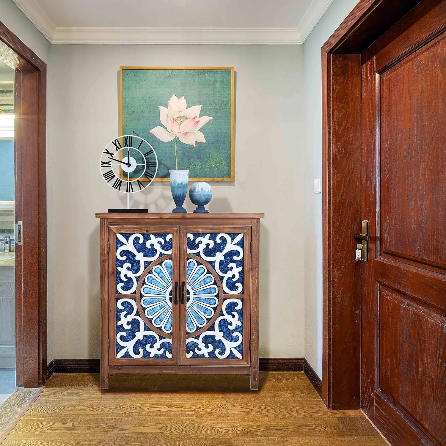 Sophia & William 2-Door Accent Cabinet, Distressed Decorative Storage Cabinet with Wood Frame and Blue and White Floral Pattern for Entryway Hallway Lvinig Room