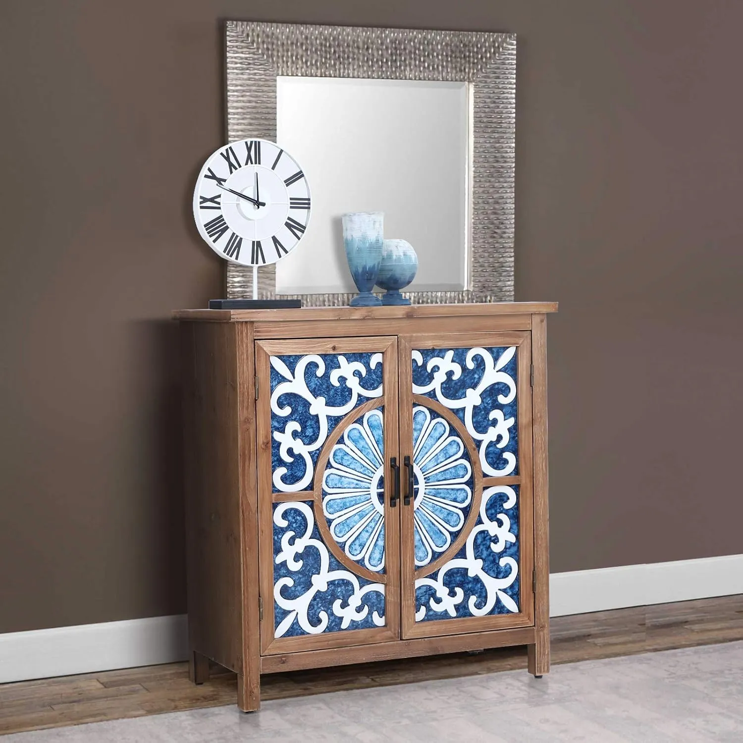 Sophia & William 2-Door Accent Cabinet, Distressed Decorative Storage Cabinet with Wood Frame and Blue and White Floral Pattern for Entryway Hallway Lvinig Room