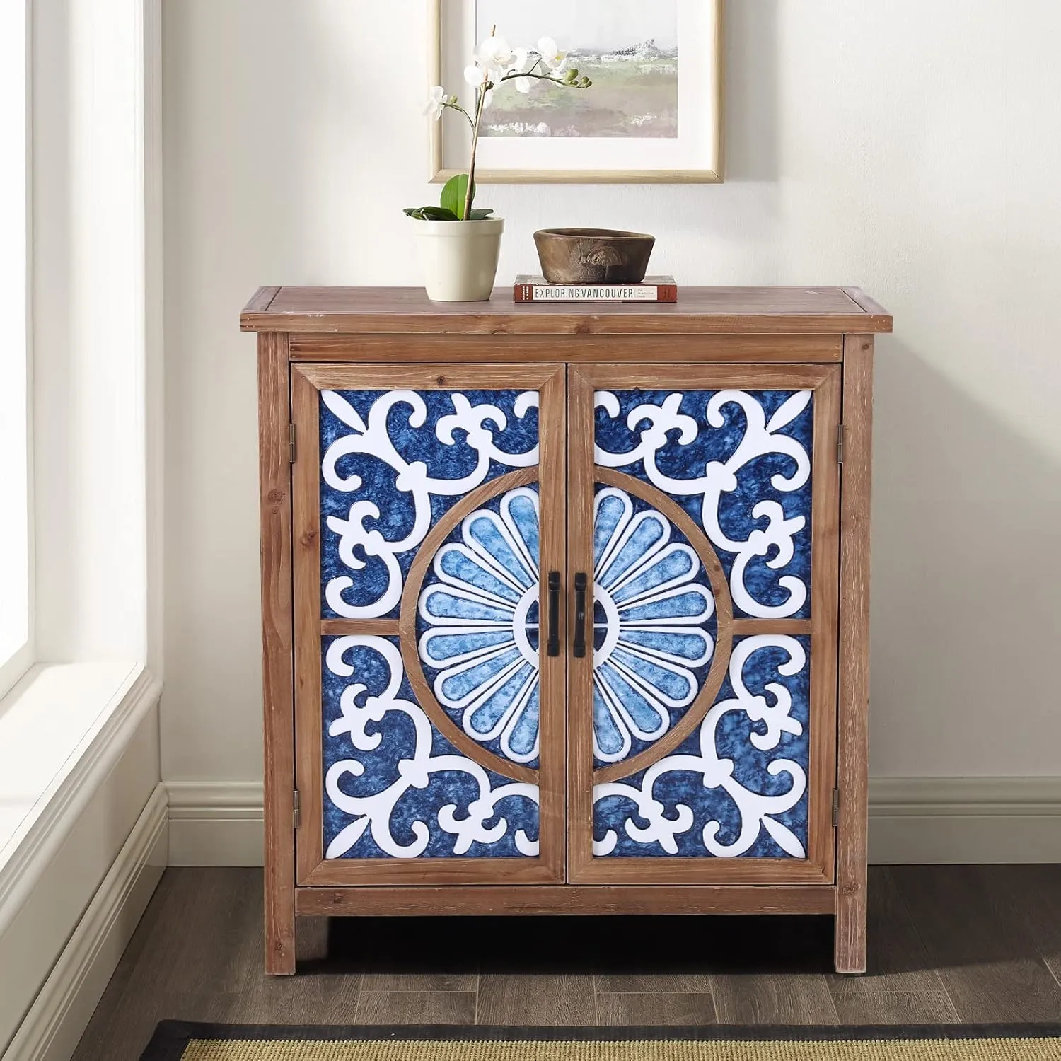 Sophia & William 2-Door Accent Cabinet, Distressed Decorative Storage Cabinet with Wood Frame and Blue and White Floral Pattern for Entryway Hallway Lvinig Room