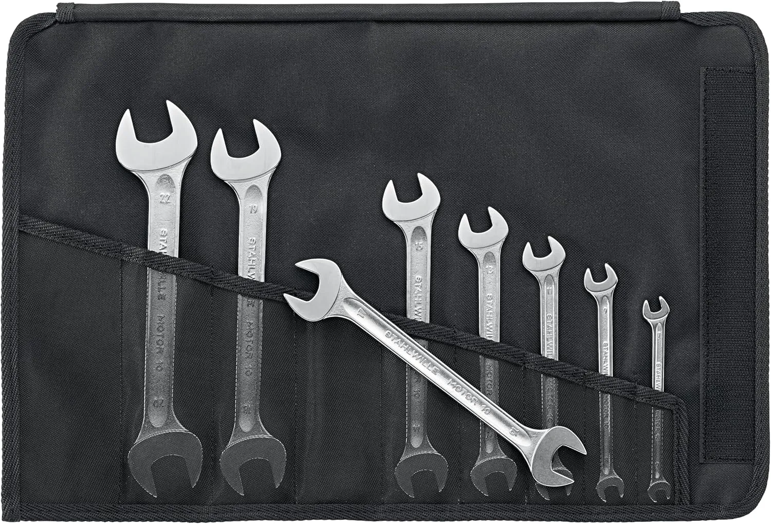 Stahlwille 96400305 Double Open Ended Wrenches, Motor No. 10, 8 Pieces, Size 6mm x 7mm - 20mm x 22mm, 15 deg Offset Angle, 745g Industrial Grade, Chrome Plated, Made in Germany
