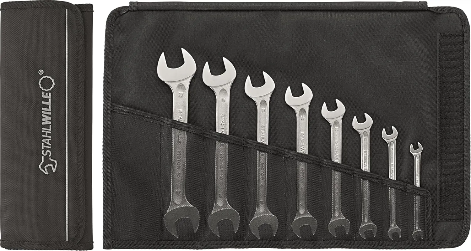 Stahlwille 96400305 Double Open Ended Wrenches, Motor No. 10, 8 Pieces, Size 6mm x 7mm - 20mm x 22mm, 15 deg Offset Angle, 745g Industrial Grade, Chrome Plated, Made in Germany