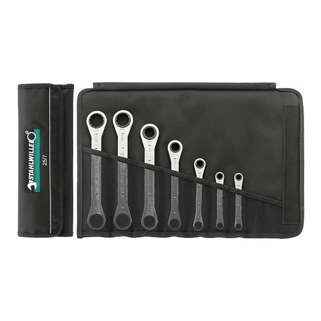 Stahlwille 96411301 Ratchet Ring Wrench Set, Bi Hexagon, Size 7mm x 8mm to 17mm x 19mm, 22 Teeth, Chrome Plated, Straight Design, Thin Walled, 7 Piece