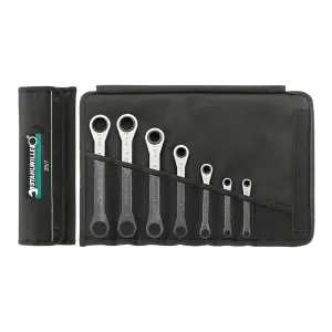 Stahlwille 96411301 Ratchet Ring Wrench Set, Bi Hexagon, Size 7mm x 8mm to 17mm x 19mm, 22 Teeth, Chrome Plated, Straight Design, Thin Walled, 7 Piece