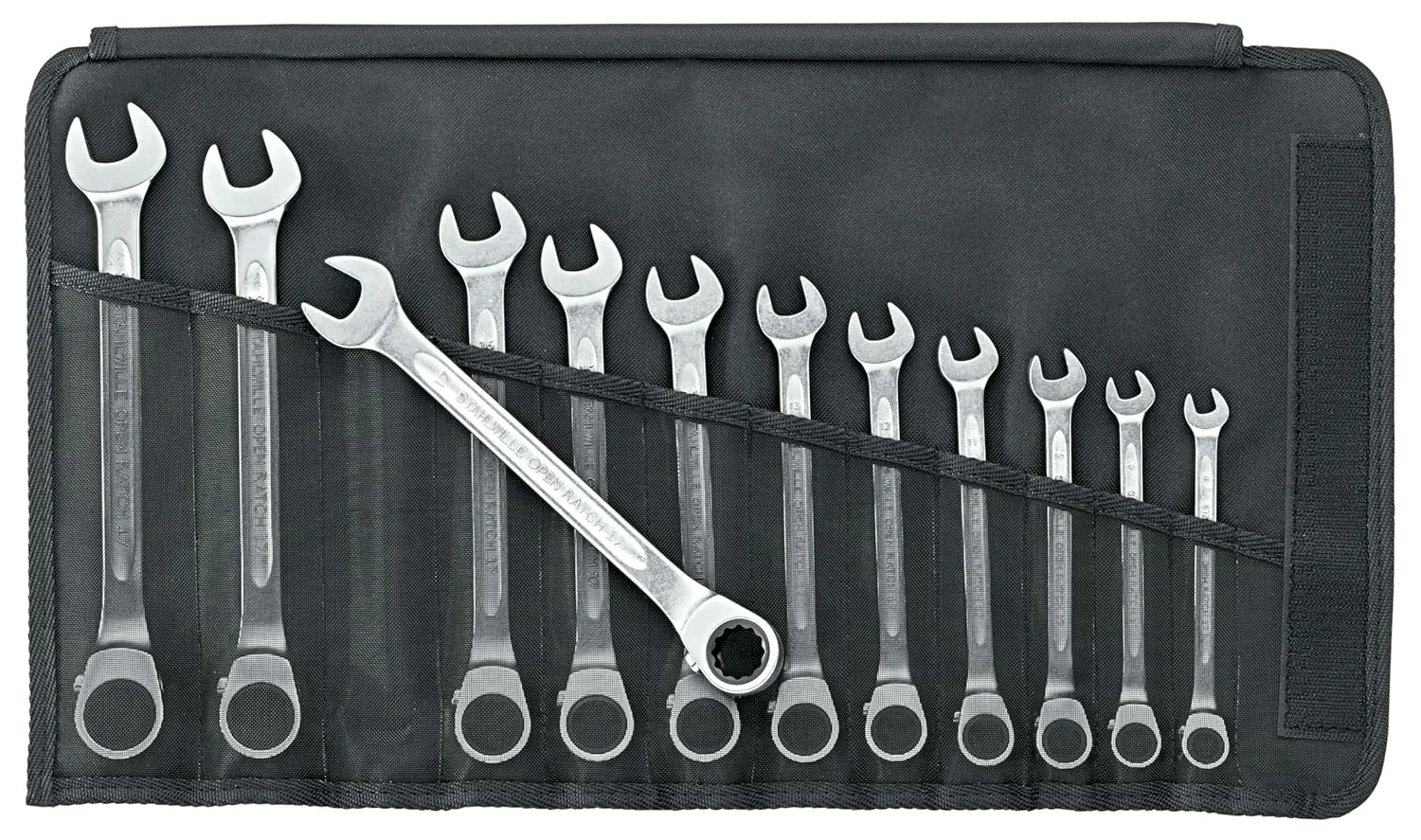 Stahlwille 96411712 Reversible Combination Ratcheting Spanners Open-Ratch Set, 12 Pieces, Size 8mm upto 19mm Spanner Openings, 72 Teeth, Bi-Hexagon, Made in Germany