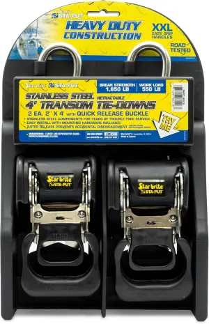 STAR BRITE Heavy Duty Retractable Transom Tie-Downs 2" x 4'   Easy Installation Mounting Hardware Included - Stainless Steel Construction & 2-Step Release for Secure Boat Transportation (060516)
