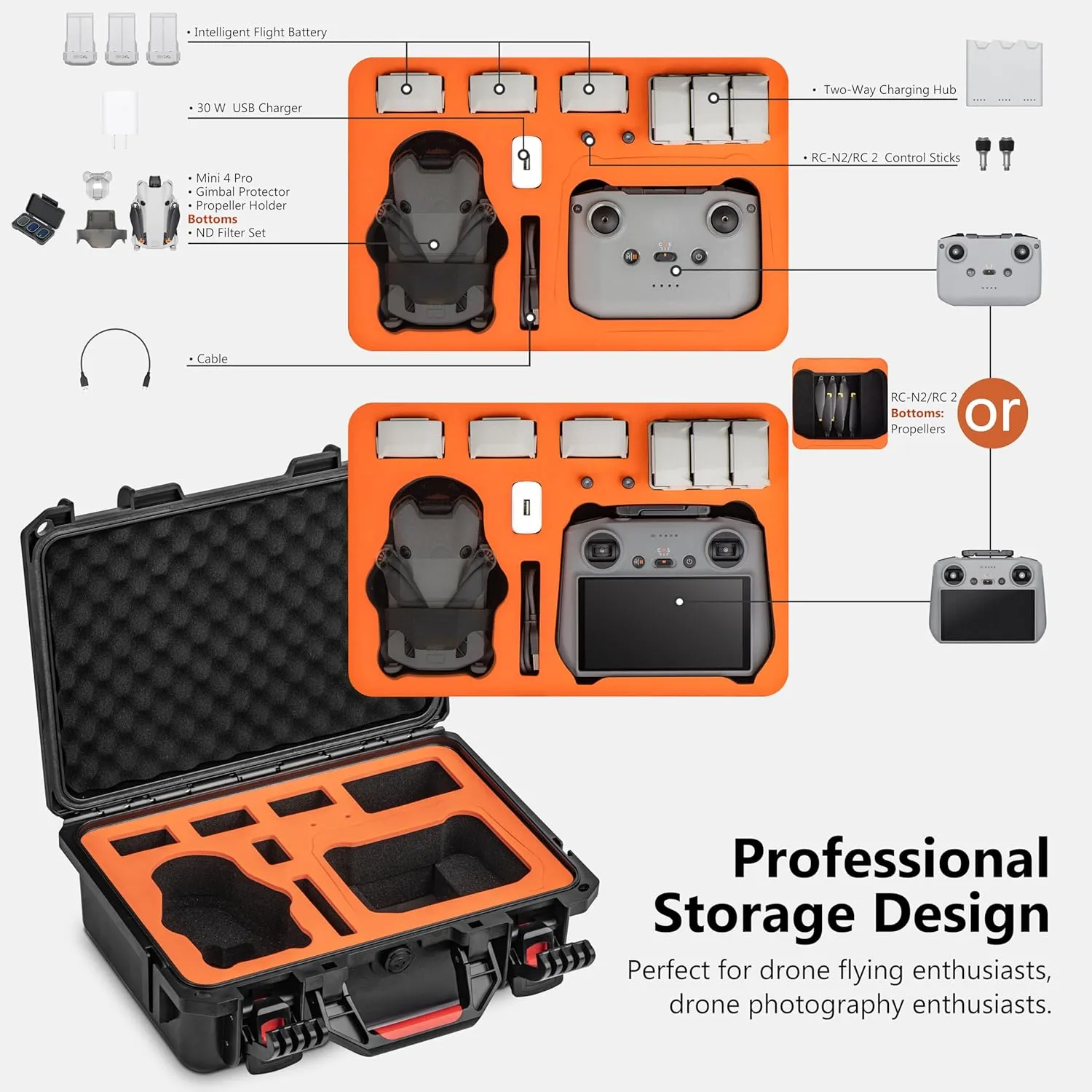 STARTRC PHOTO Waterproof Hard Case for DJI M4/3 Pro Fly More, Portable Carrying Case for DJI Mini 4 Pro/3/3 Pro Accessories/RC2/RC/N1/N2 Controller (Orange)
