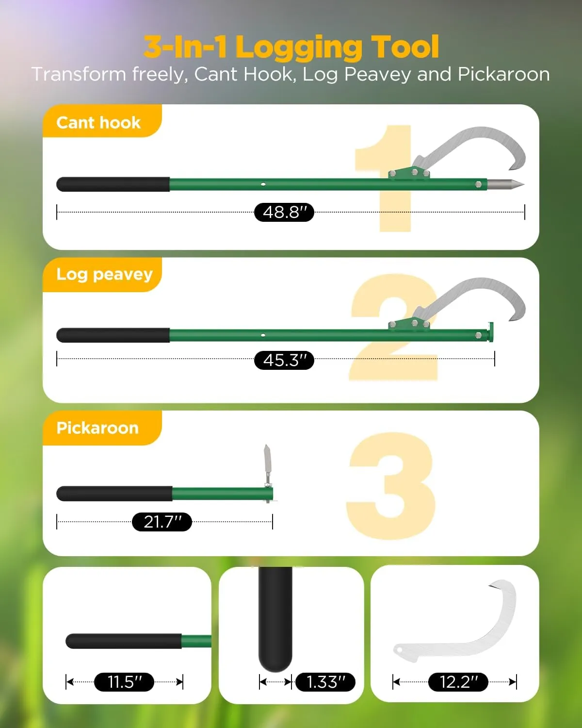 Steel Cant Hook Logging Tool, Log Peavey and Pickaroon, One Tool with Three Functions, Used as Log Roller, Log Lifter and Hookaroon for for Dragging and Stacking Logs (48'')