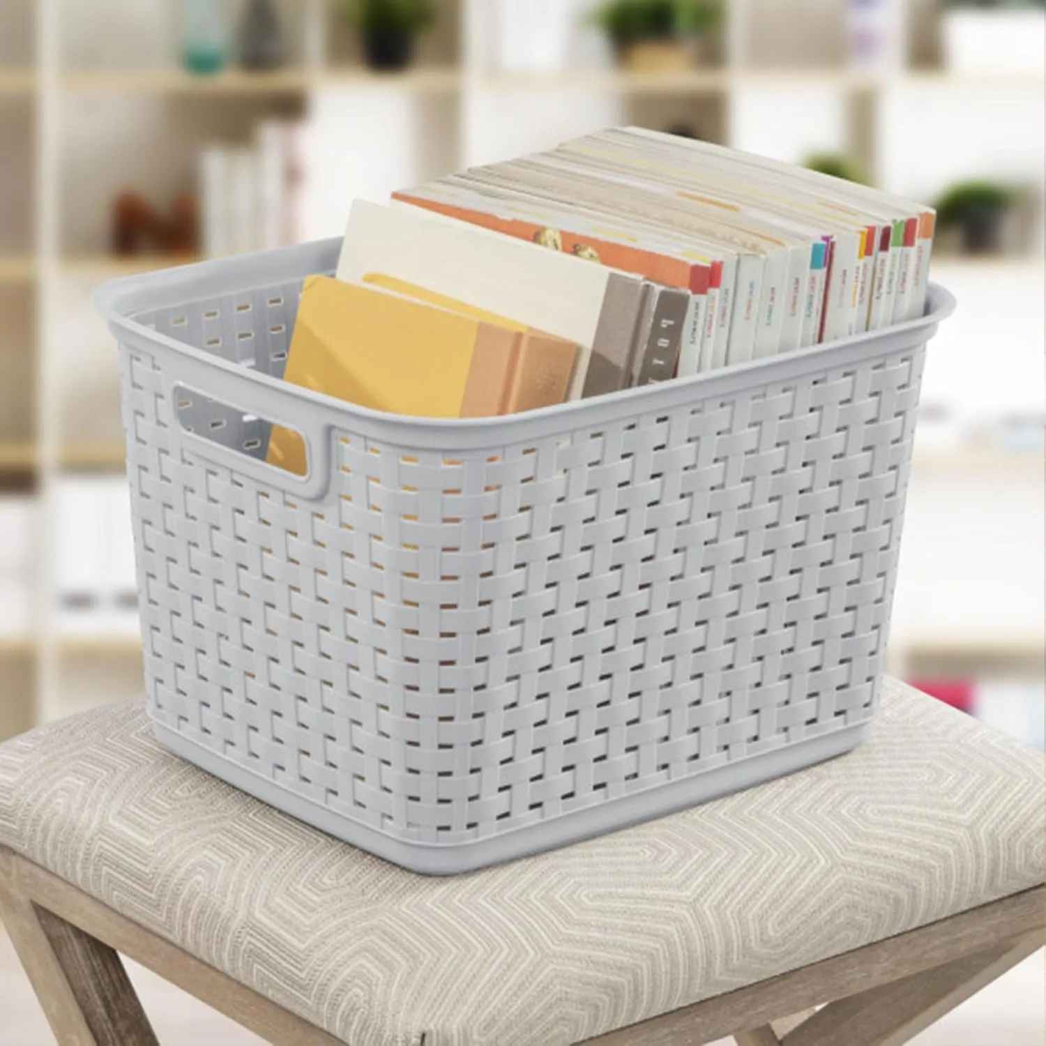 Sterilite 6-Pack Tall Weave Basket, Wicker-Style Plastic Open Storage Bin, Cement Gray - Multi-Purpose Decorative Organizer for Laundry Area, Shelves, Closets, Pantries, Living Rooms or Offices