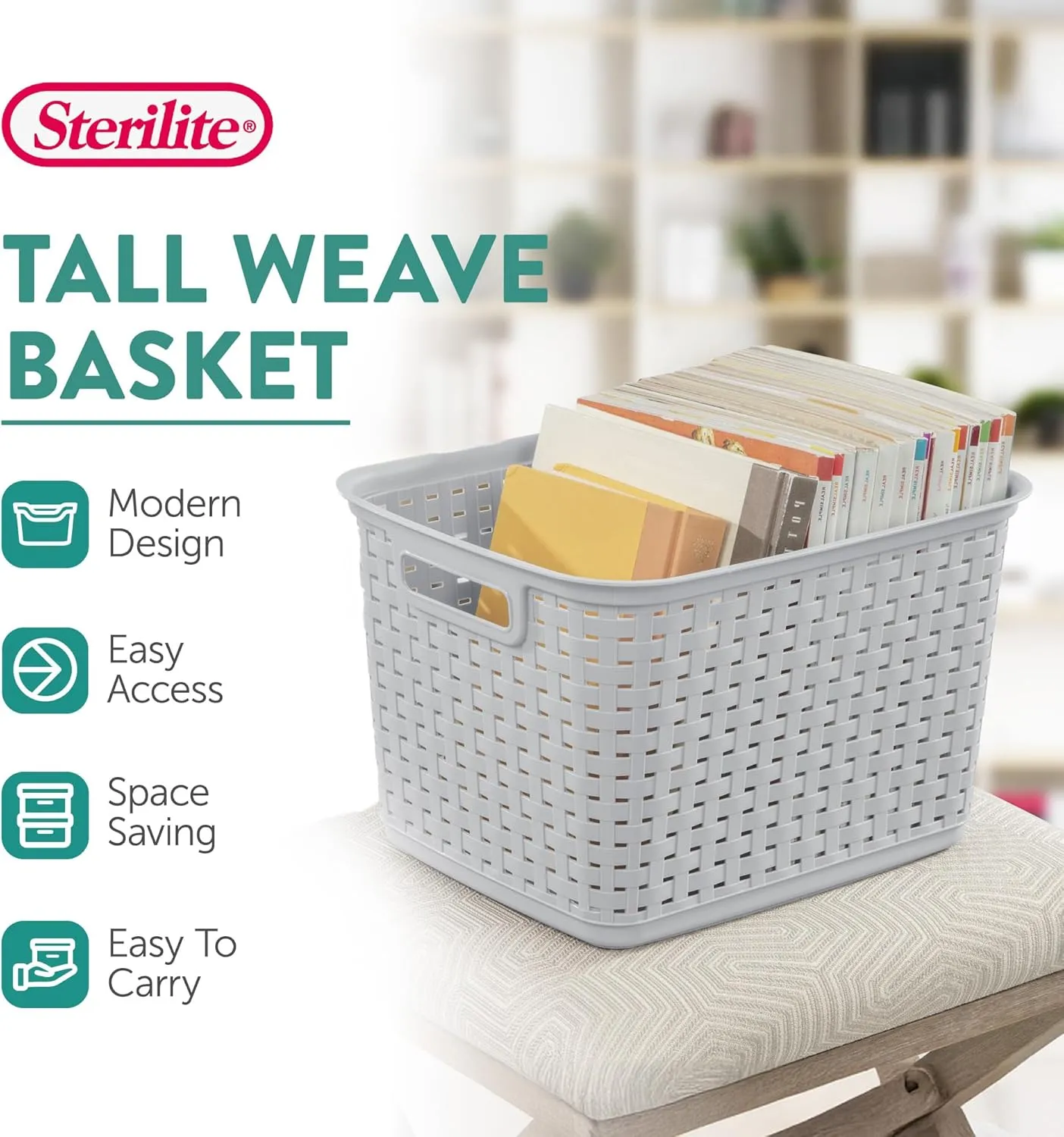 Sterilite 6-Pack Tall Weave Basket, Wicker-Style Plastic Open Storage Bin, Cement Gray - Multi-Purpose Decorative Organizer for Laundry Area, Shelves, Closets, Pantries, Living Rooms or Offices