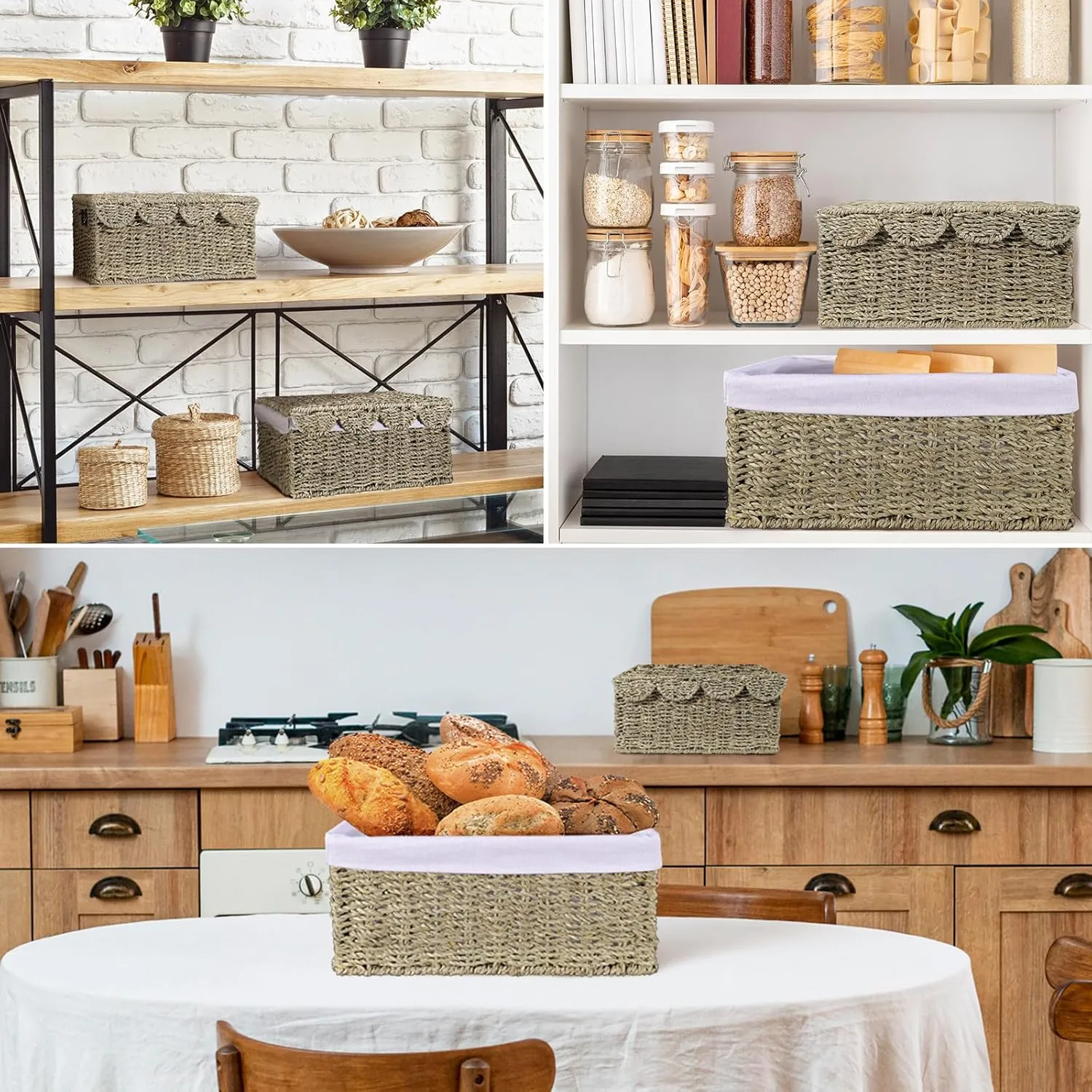 Storage Basket with Lid, Seagrass Wicker Basket for Shelves, Woven Blanket Storage Baskets with Handles, Removable Liner, Metal Frame, for Bedroom, Laundry Room, Natural