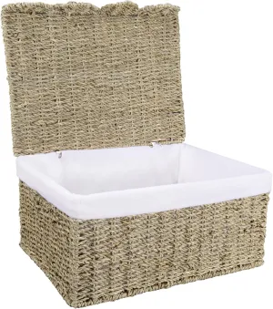 Storage Basket with Lid, Seagrass Wicker Basket for Shelves, Woven Blanket Storage Baskets with Handles, Removable Liner, Metal Frame, for Bedroom, Laundry Room, Natural