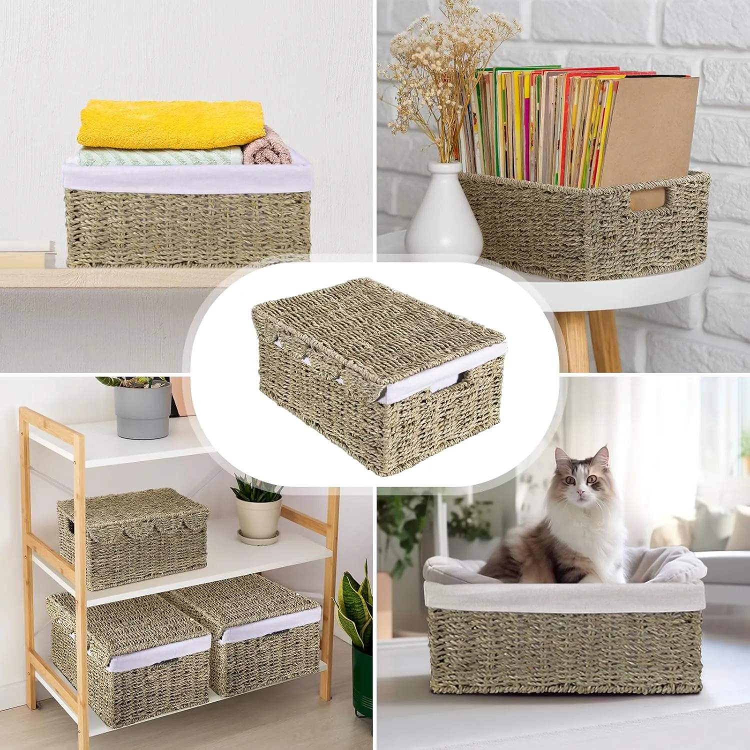 Storage Basket with Lid, Seagrass Wicker Basket for Shelves, Woven Blanket Storage Baskets with Handles, Removable Liner, Metal Frame, for Bedroom, Laundry Room, Natural