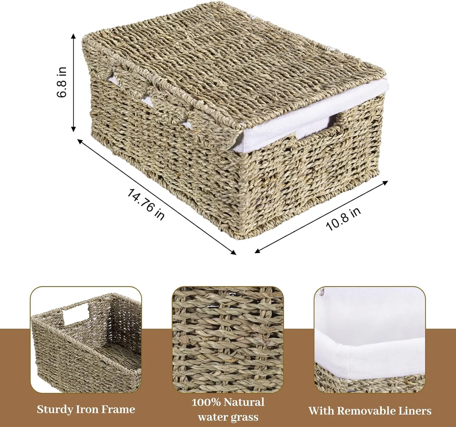 Storage Basket with Lid, Seagrass Wicker Basket for Shelves, Woven Blanket Storage Baskets with Handles, Removable Liner, Metal Frame, for Bedroom, Laundry Room, Natural