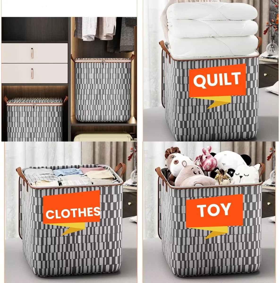 Storage Bins with Lids Non-woven Sturdy Zipper Storage Bag Foldable Moving Quilt Storage Basket Travel Large-capacity Clothing Storage Bag Organizers for Pillows Blankets Storage (4Pack L)