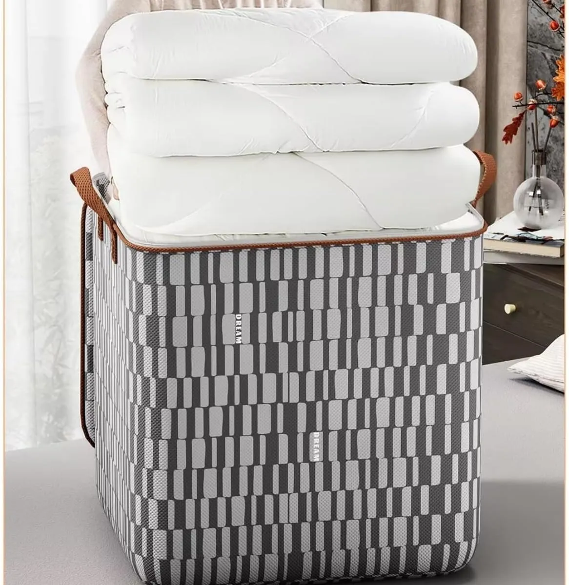 Storage Bins with Lids Non-woven Sturdy Zipper Storage Bag Foldable Moving Quilt Storage Basket Travel Large-capacity Clothing Storage Bag Organizers for Pillows Blankets Storage (4Pack L)