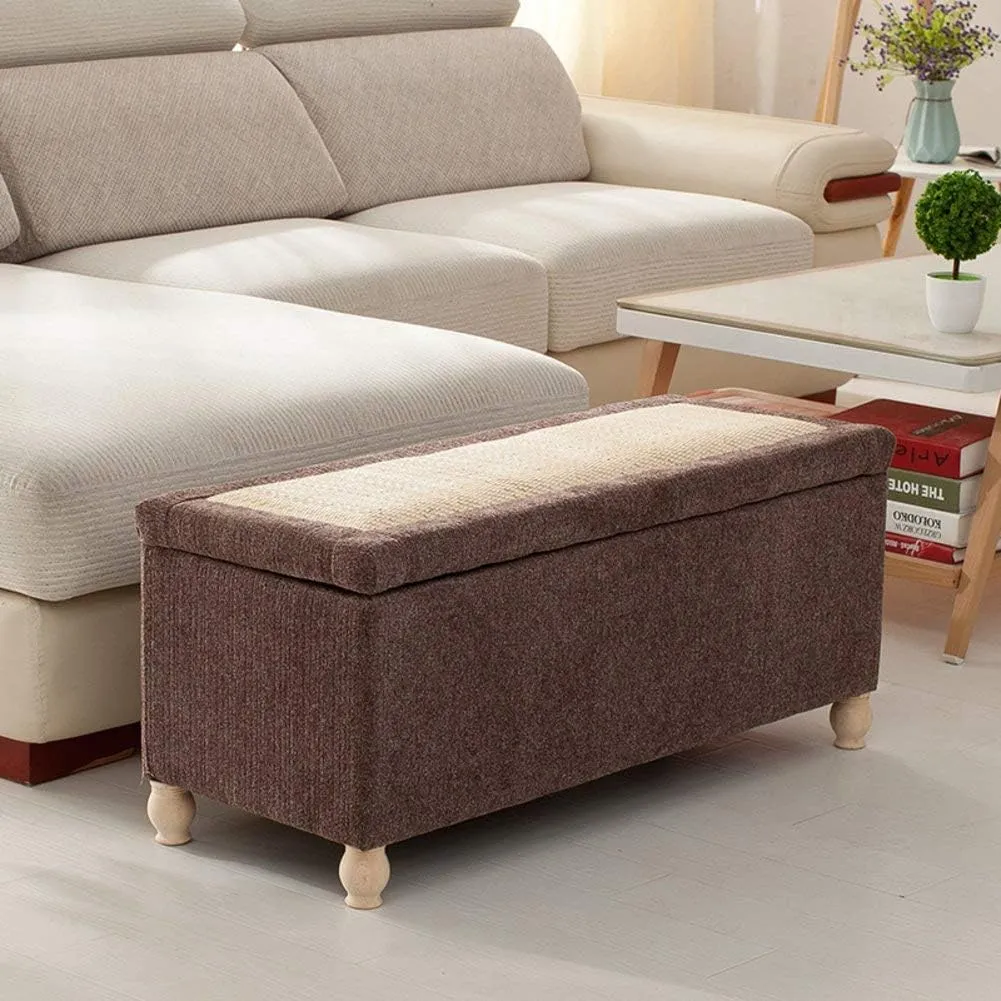 Storage Ottoman Bench,Linen Upholstered Footstool Sofa Stool Storage Box Rattan Weaving lid Entrance Shoe Changing Bench-Coffee 24x16x17in