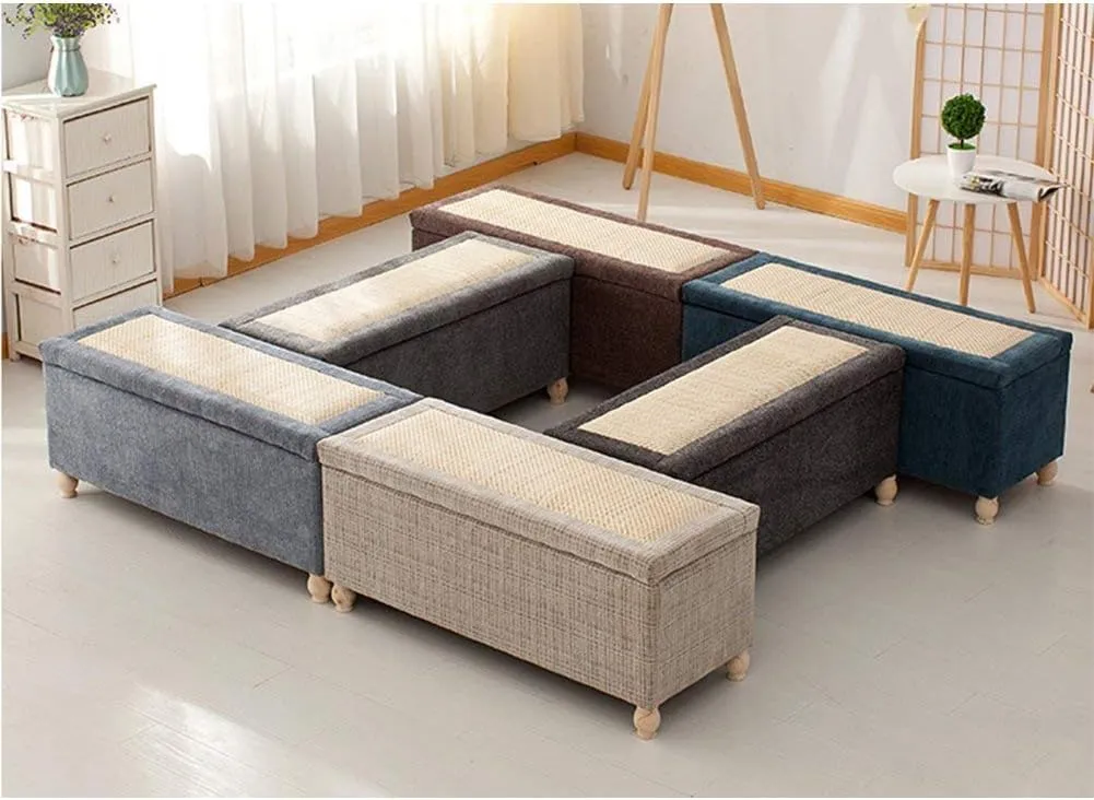 Storage Ottoman Bench,Linen Upholstered Footstool Sofa Stool Storage Box Rattan Weaving lid Entrance Shoe Changing Bench-Coffee 24x16x17in
