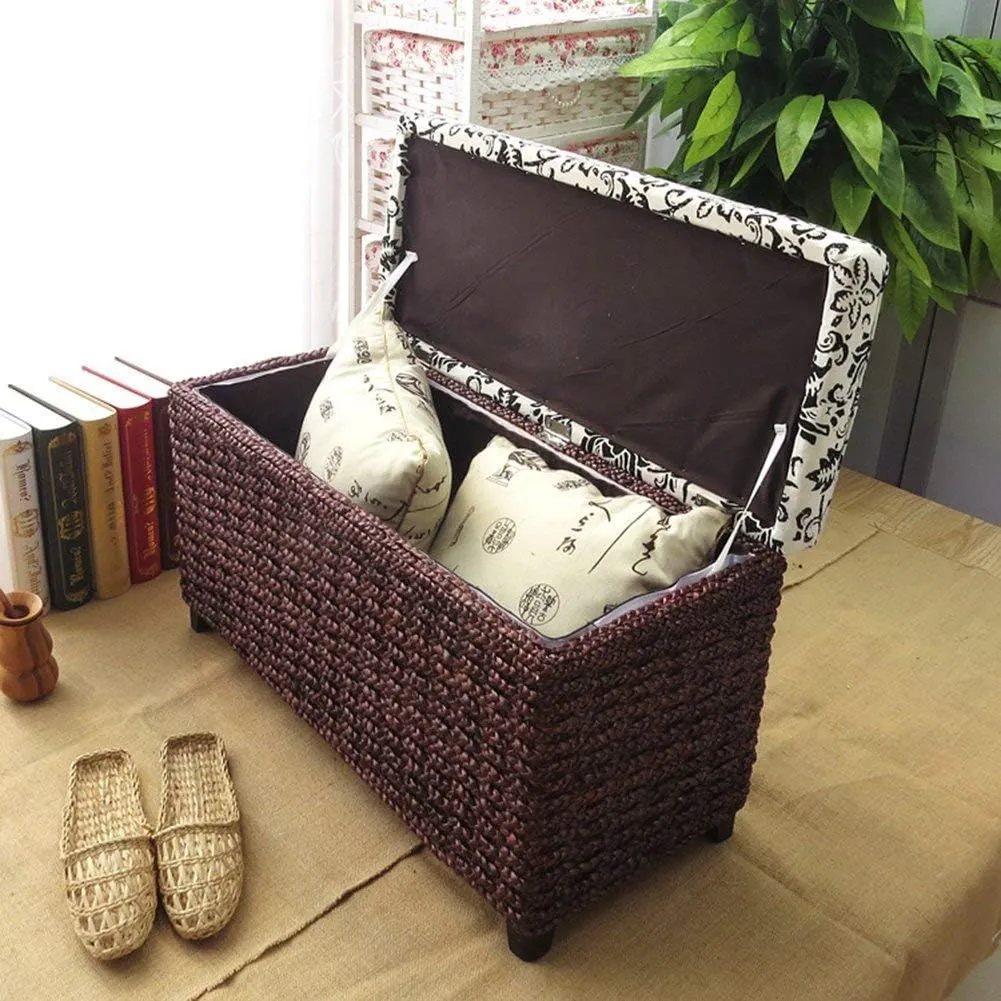 Storage Ottoman Bench,Rattan Weaving Upholstered Footstool Footrest Stool Toy Chest Entrance Shoe Changing Bench-Coffee 31.99