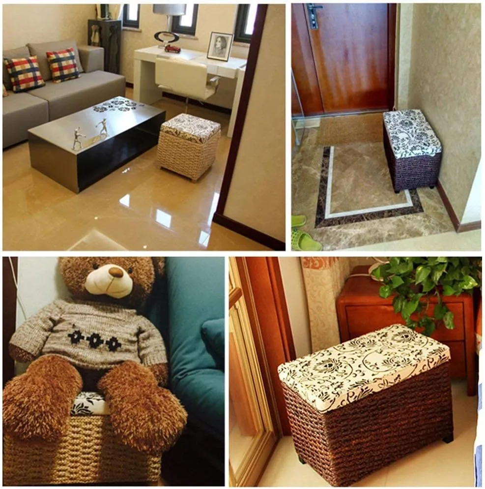 Storage Ottoman Bench,Rattan Weaving Upholstered Footstool Footrest Stool Toy Chest Entrance Shoe Changing Bench-Coffee 31.99