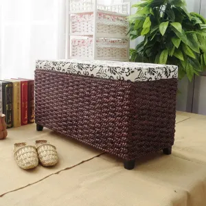 Storage Ottoman Bench,Rattan Weaving Upholstered Footstool Footrest Stool Toy Chest Entrance Shoe Changing Bench-Coffee 31.99