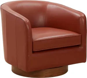 Stylish Comfort with Top Grain Leather Swivel Chair, Barrel Design, Pocket Coil Cushion for Living Room, Brown