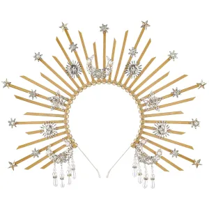 Sunburst Spike Sun Crown - Moon Star Greek Goddess Gold Halo Headband with Tassel, Angel Queen Costume Virgin Mary Headpiece for Women Renaissance Halloween Wedding Cosplay Accessorice