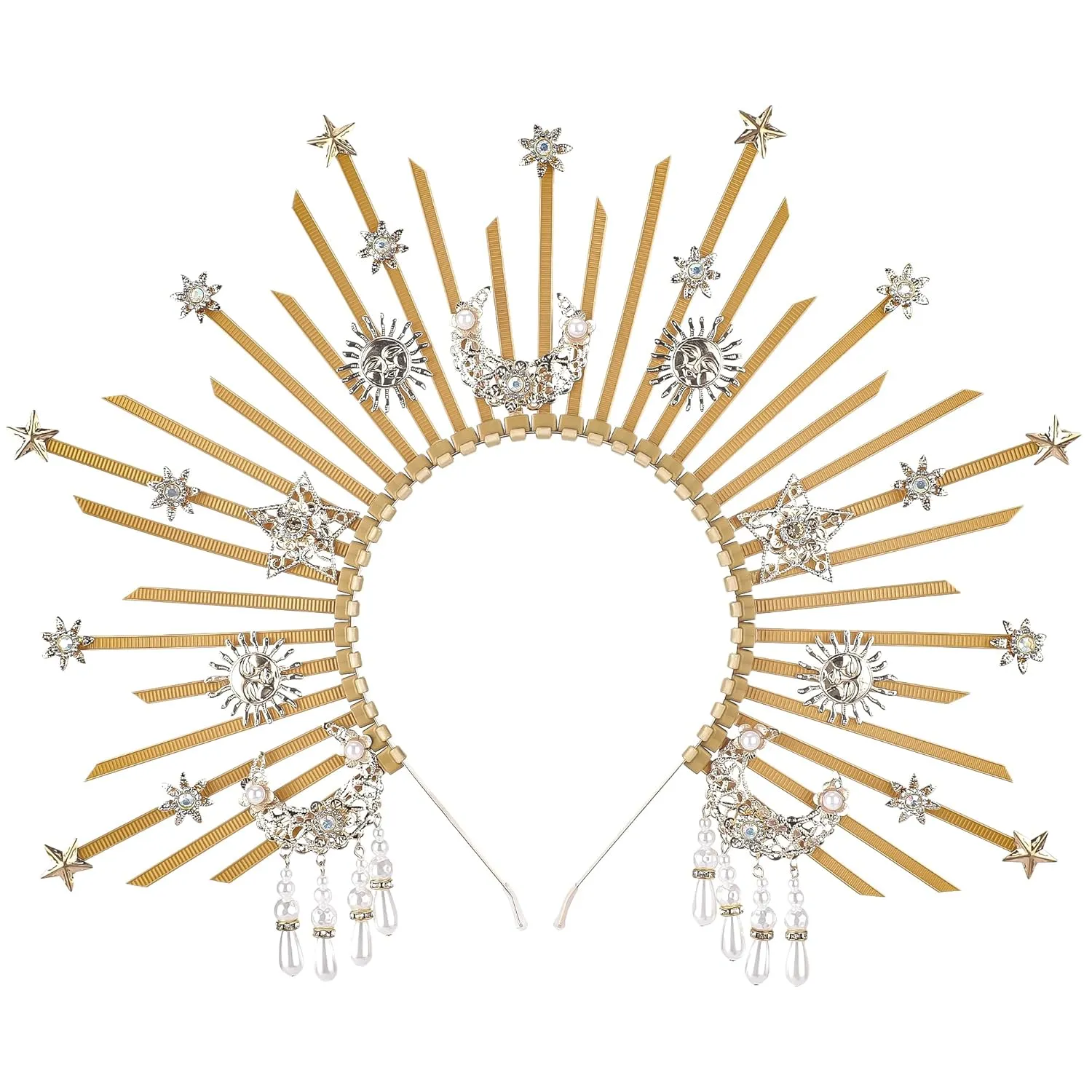 Sunburst Spike Sun Crown - Moon Star Greek Goddess Gold Halo Headband with Tassel, Angel Queen Costume Virgin Mary Headpiece for Women Renaissance Halloween Wedding Cosplay Accessorice