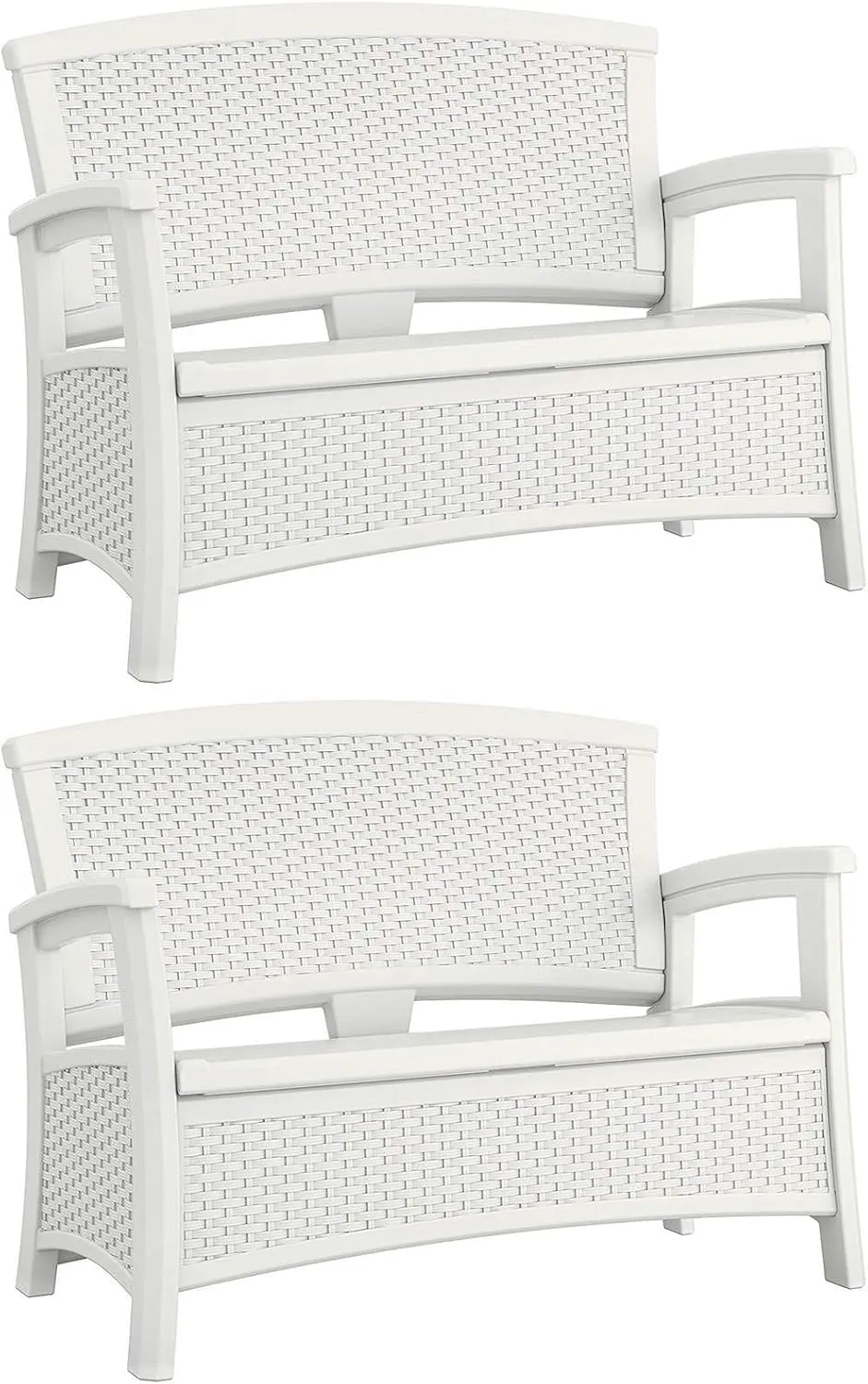Suncast 2 Pack Elements Stylish Lightweight Loveseat Outdoor Seating with Convenient Built in Universal Storage, and All Weather Plastic, White
