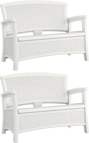 Suncast 2 Pack Elements Stylish Lightweight Loveseat Outdoor Seating with Convenient Built in Universal Storage, and All Weather Plastic, White