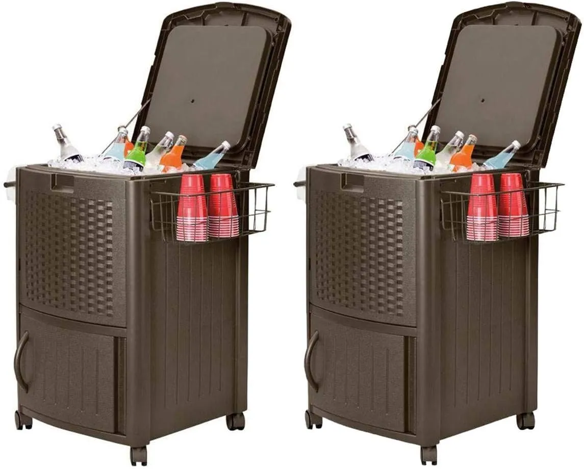 Suncast 77 Qt Resin Wicker Patio Cooler w/Cabinet & Wire Basket, Java (2 Pack)