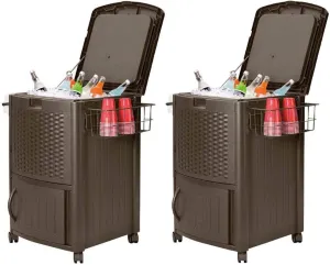 Suncast 77 Qt Resin Wicker Patio Cooler w/Cabinet & Wire Basket, Java (2 Pack)