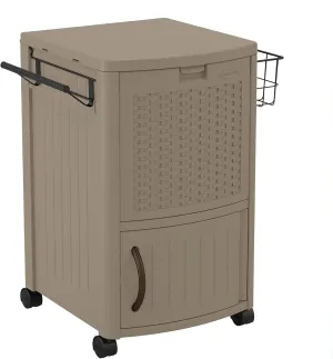 Suncast Resin 77 Quart Wicker-Look Outdoor Patio Cooler with Wheels, Hinged Lid, Built-In Storage Basket and Cabinet for Outdoor Entertaining, Java
