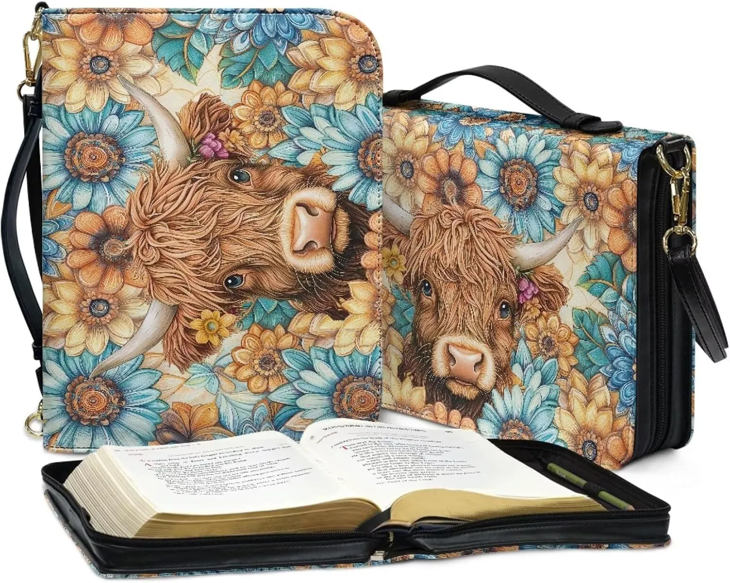 Suobstales Boho Mandala Highland Cattle Print Bible Cover for Bible Study Supplies, Bible Case with Handle and Briefcase Strap, Lightweight Bible Tote Bag Waterproof Book Case for Women Men, L