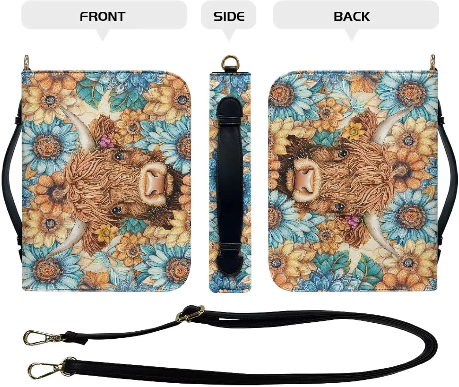 Suobstales Boho Mandala Highland Cattle Print Bible Cover for Bible Study Supplies, Bible Case with Handle and Briefcase Strap, Lightweight Bible Tote Bag Waterproof Book Case for Women Men, L