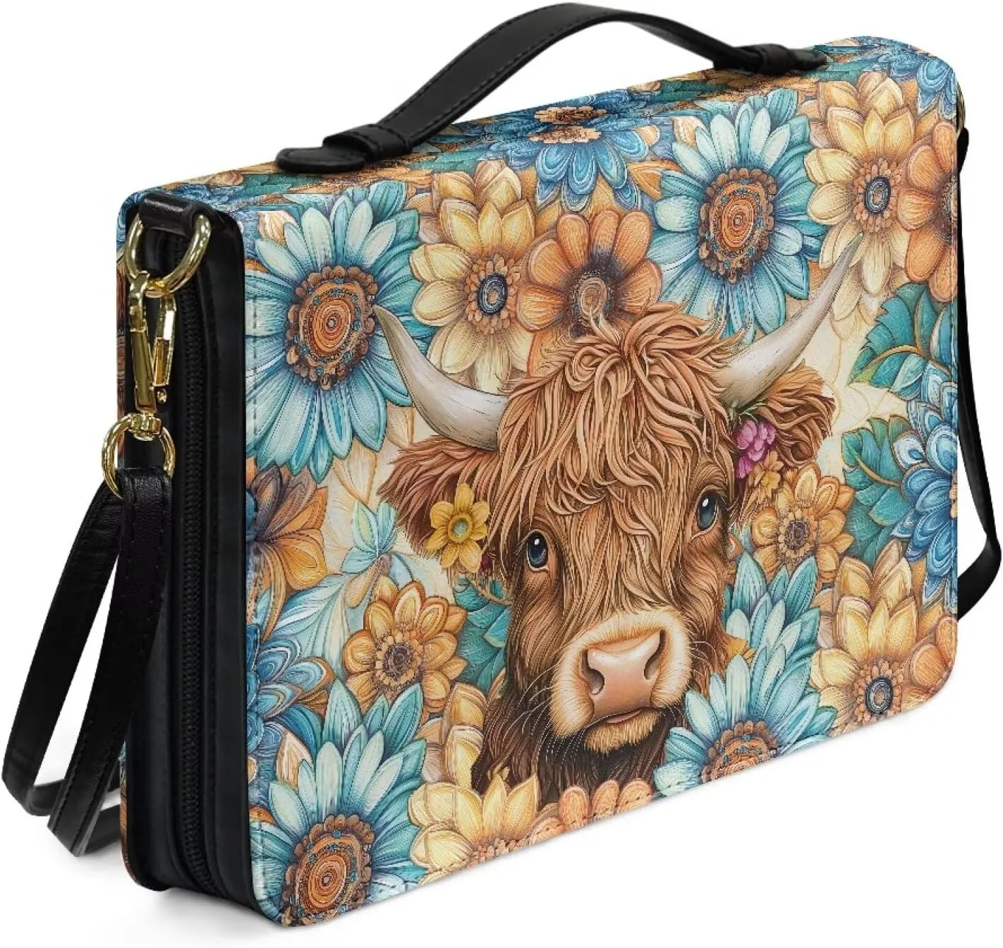Suobstales Boho Mandala Highland Cattle Print Bible Cover for Bible Study Supplies, Bible Case with Handle and Briefcase Strap, Lightweight Bible Tote Bag Waterproof Book Case for Women Men, L