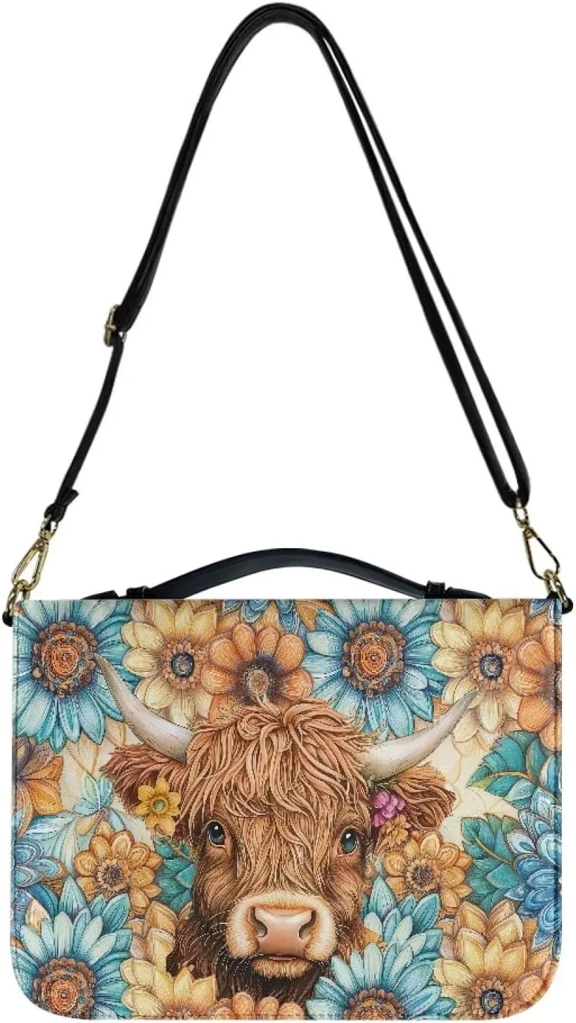 Suobstales Boho Mandala Highland Cattle Print Bible Cover for Bible Study Supplies, Bible Case with Handle and Briefcase Strap, Lightweight Bible Tote Bag Waterproof Book Case for Women Men, L
