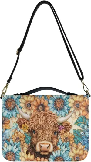 Suobstales Boho Mandala Highland Cattle Print Bible Cover for Bible Study Supplies, Bible Case with Handle and Briefcase Strap, Lightweight Bible Tote Bag Waterproof Book Case for Women Men, L