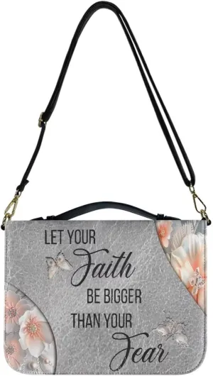 Suobstales Butterfly Flower Pattern Bible Cover with Shoulder Strap Let Your Faith Be Bigger Than Your Fear PU Leather Makeup Organizer Expand Brief Case Journal Case Christian Purses Handbags, M