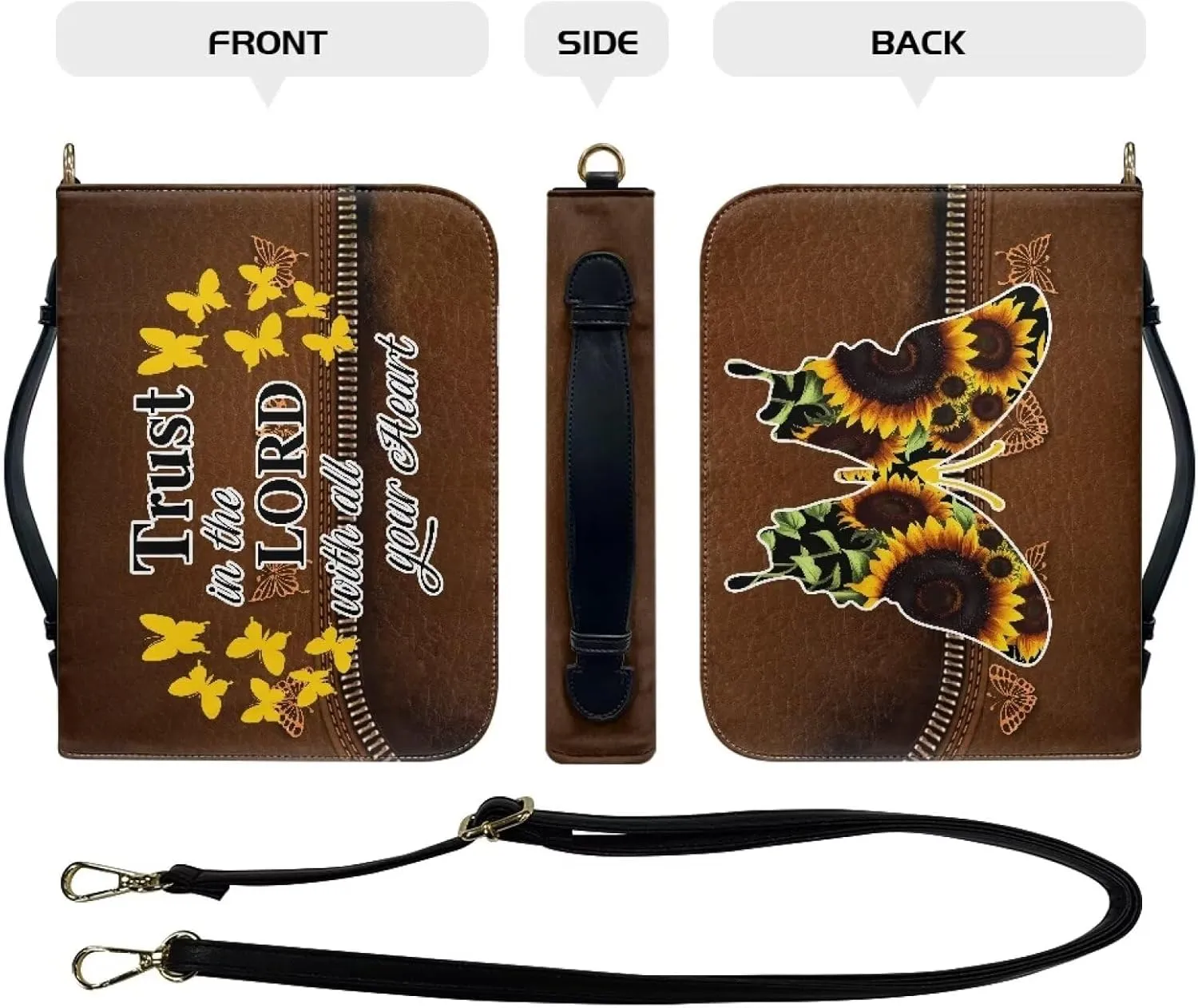 Suobstales Butterfly Sunflower Pattern Bible Cover for Men Women Trust in the Lord PU Leather Carrying Book Case Bible Bag Large Size Bible Case Church Bag Bible Protective with Handle, L